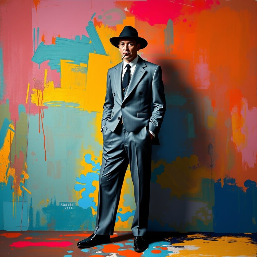 Man in Gray Suit with Abstract Expressionist Backdrop