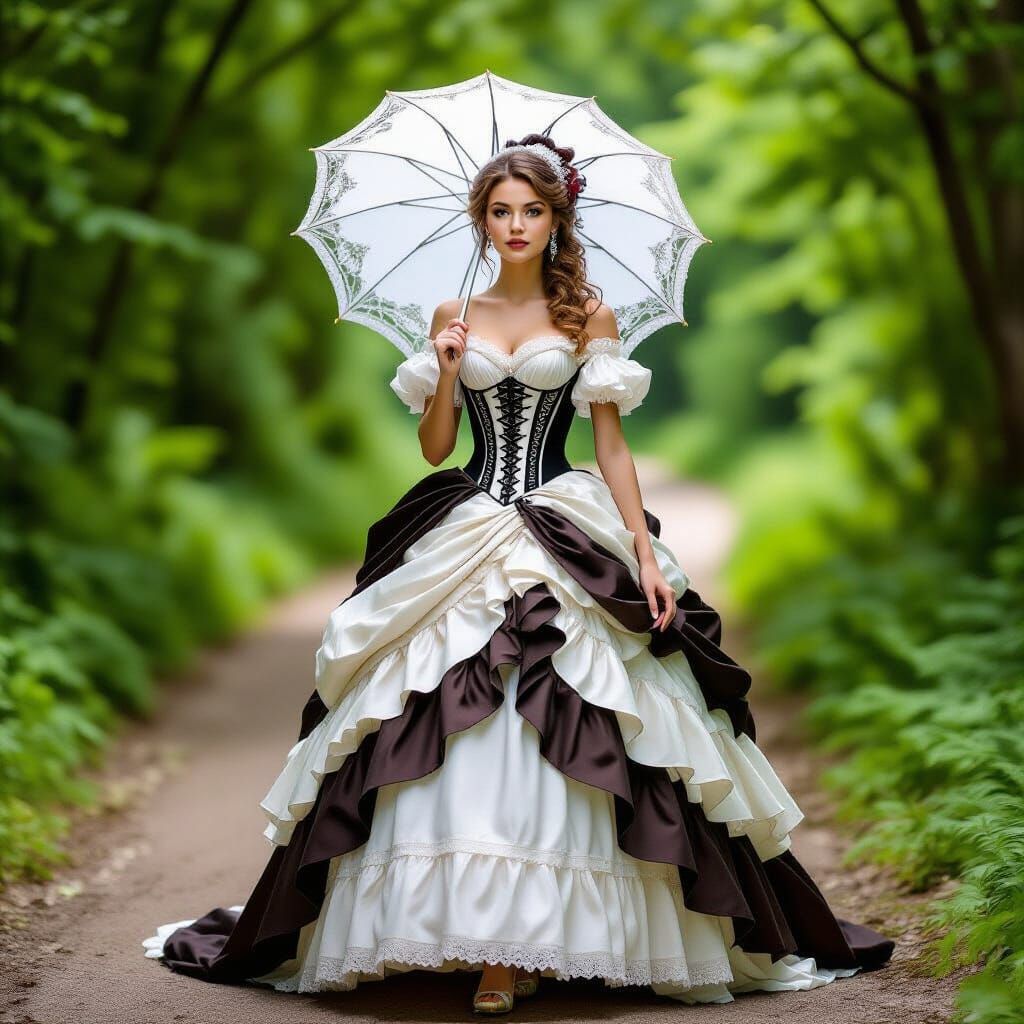 Victorian Woman With Parasol in Lush Forest