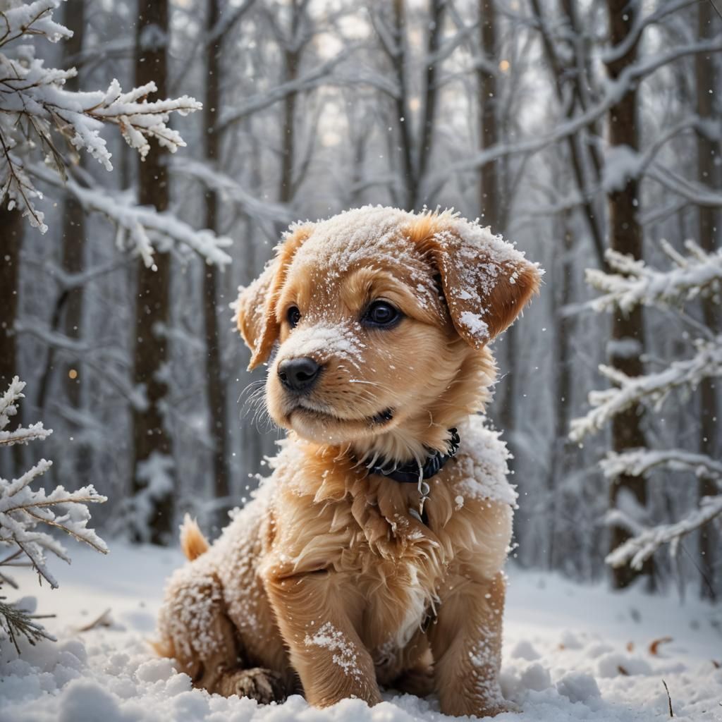 Cute Puppy Portrait in Winter Wonderland