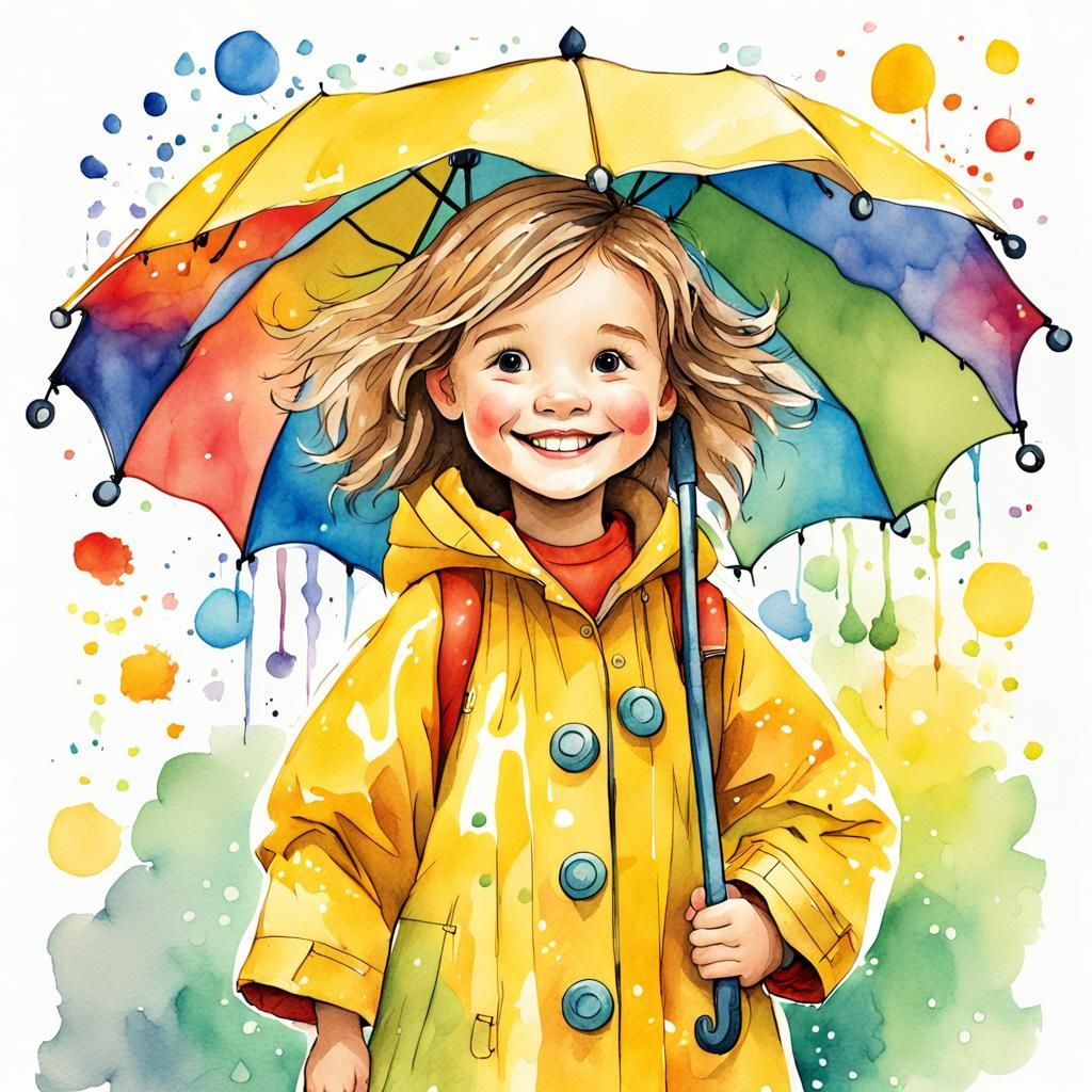 Cartoon Girl with Umbrella in Watercolor Style