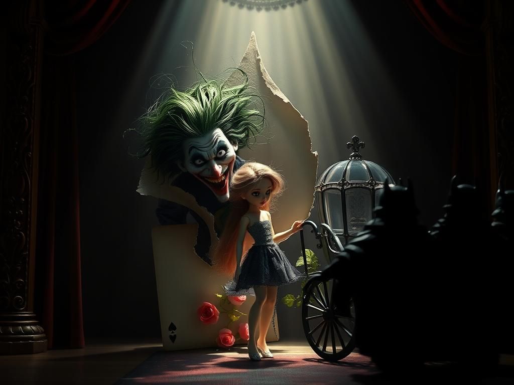 Grotesque Joker and Doll Princess in Eerie Illustration