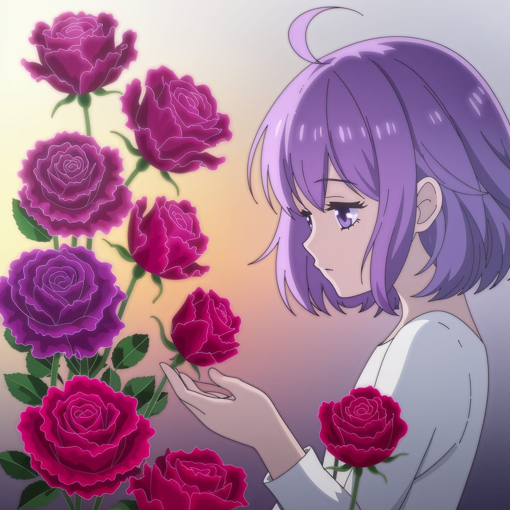 Digital Art of Contemplative Anime Girl with Paper Roses