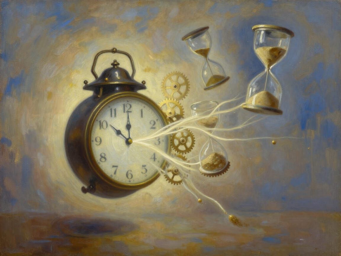 Surreal Oil Painting of Time Dissolving Antique Clock
