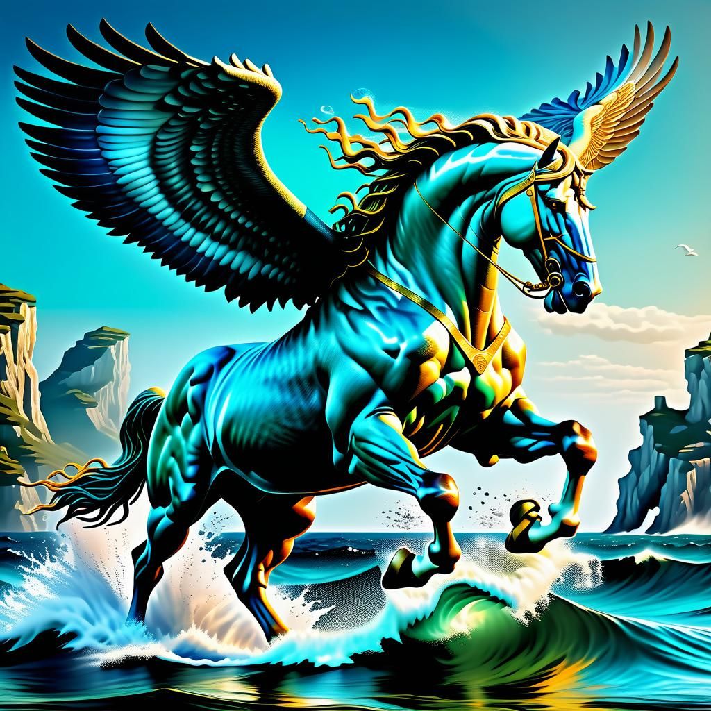 Poseidon vs Pegasus in Hyperrealistic Matte Colors