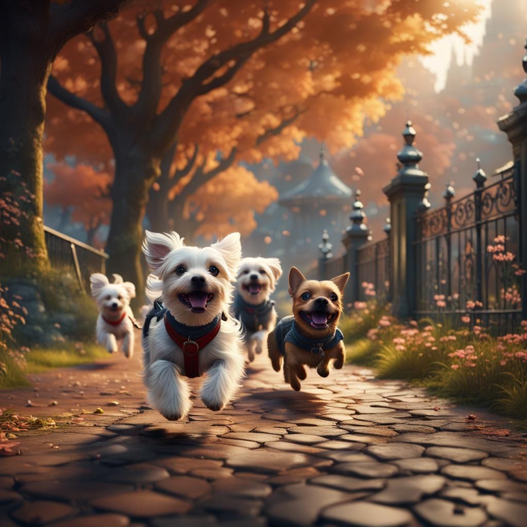 Dogs Running in Park: Detailed Matte Painting