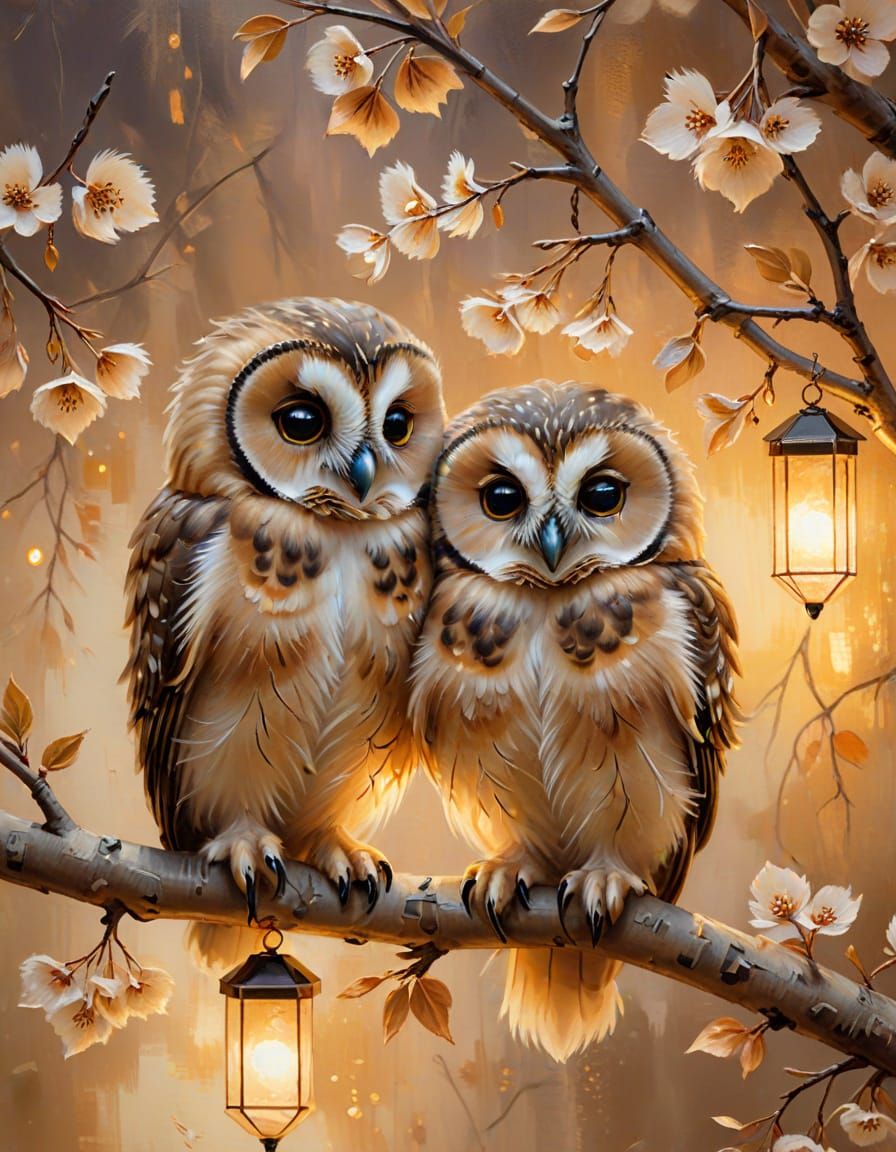 Impressionist Owls Under Lanterns in Golden Light
