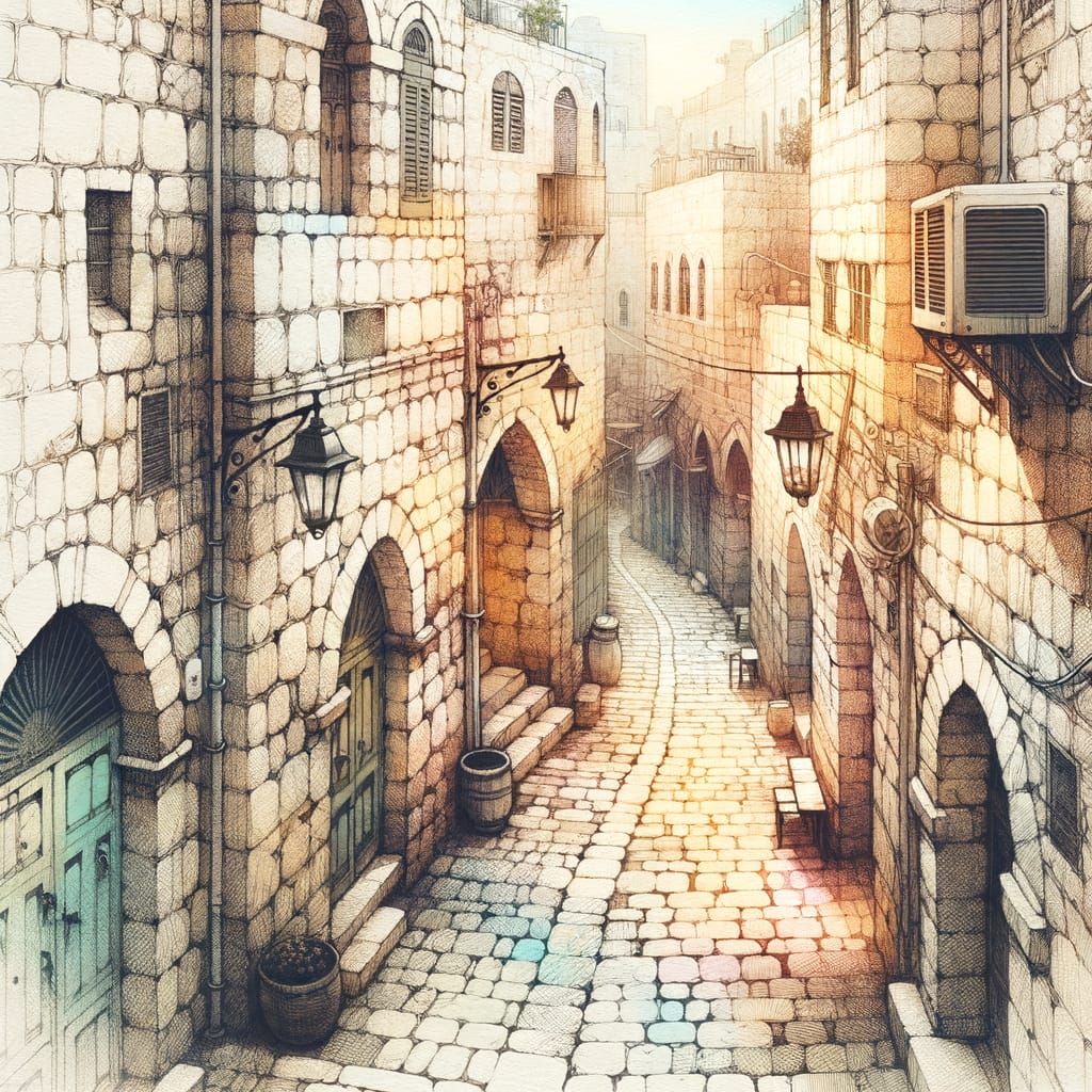 Jerusalem Lane in Soft Pastel Watercolor