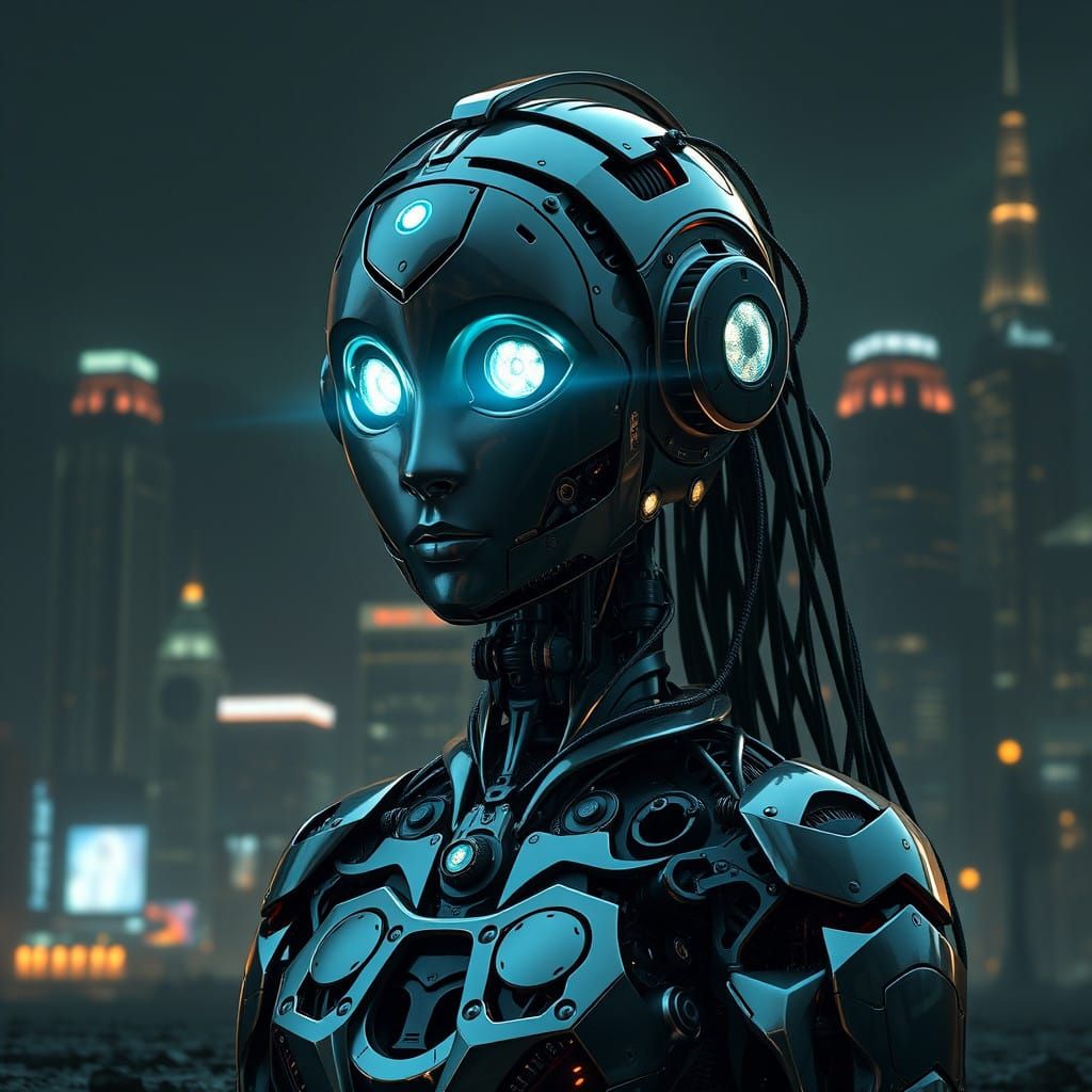 Surreal Robot Portrait in Futuristic Cityscape