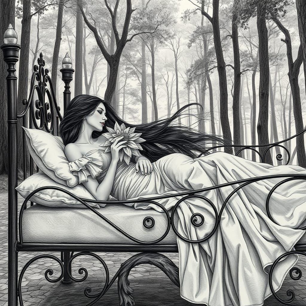 Siren with Flower in Forest Etching