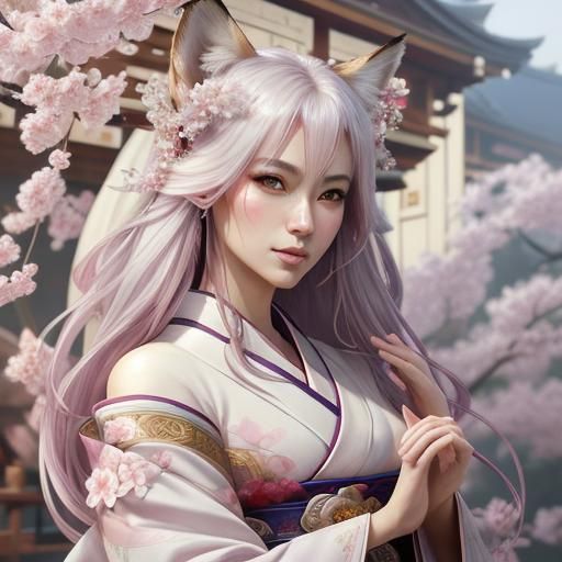 Elegant Fox Girl in Kimono with Sakura Petals