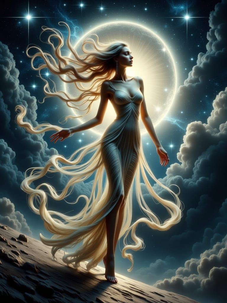 Celestial Woman in Cosmic Art Nouveau Style