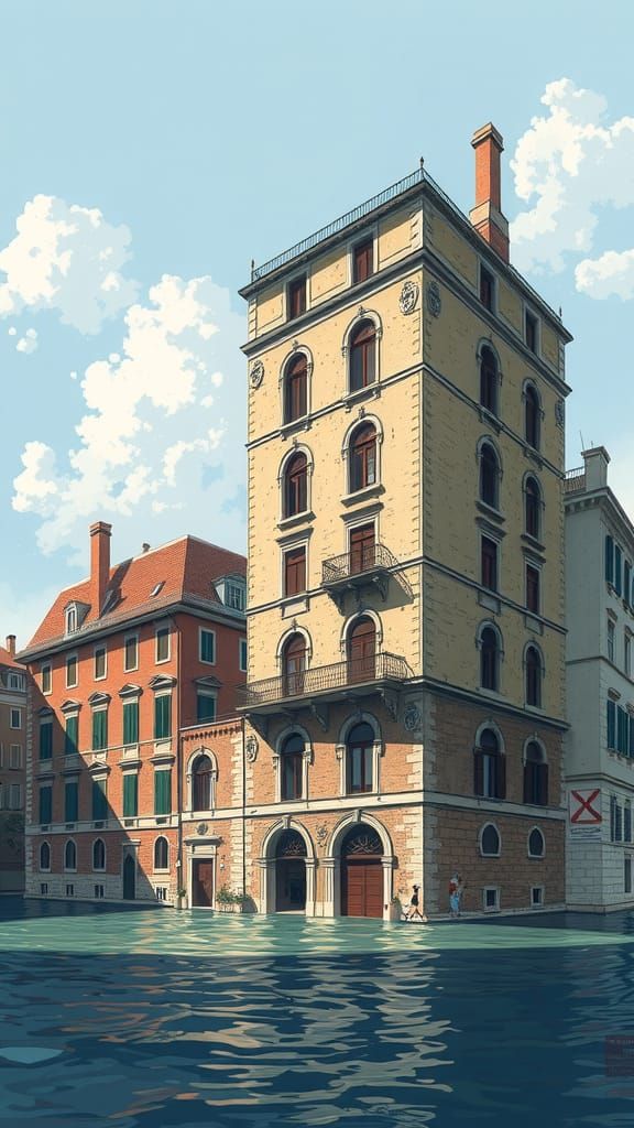 pixel art, vista frontale 2D, edifici rinascimentali inclinati e che stanno affondando in acqua, in rovina, diroccati