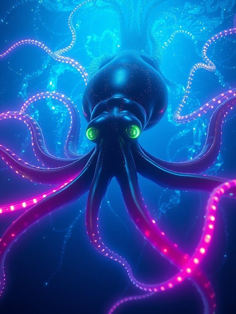 Glowing Giant Squid Rises from Dark Ocean Depths in Futurist...