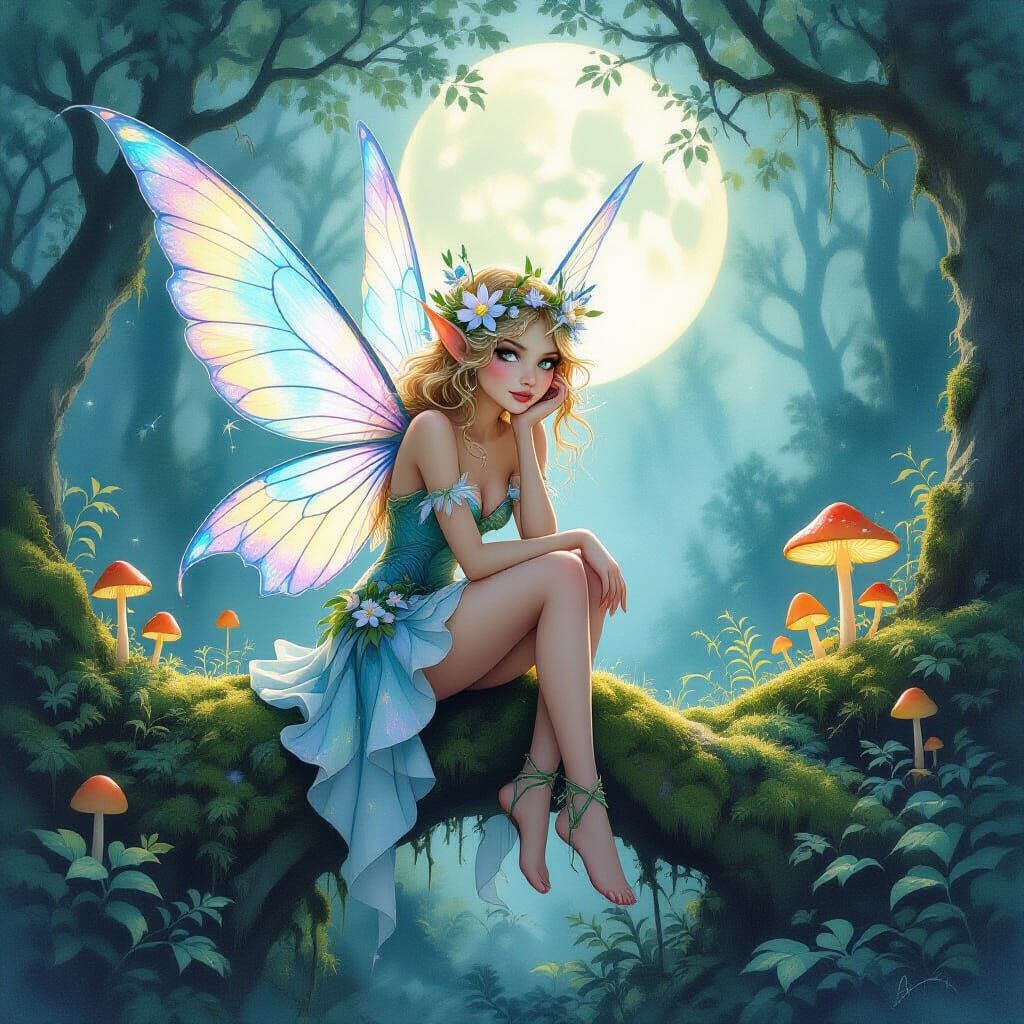Mischievous Fairy in Moonlit Enchanted Forest