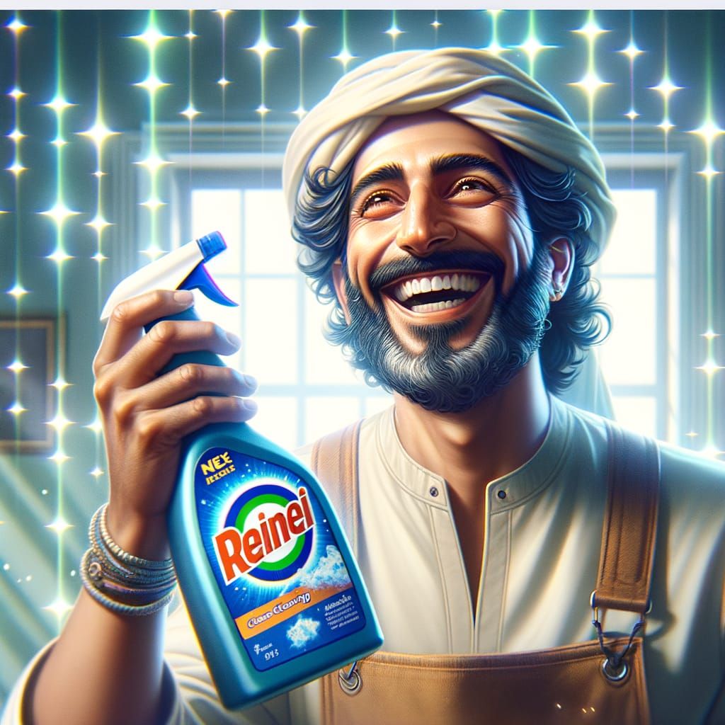 Happy Man Using Cleaning Kit in Matte Painting Style