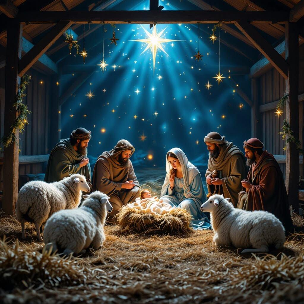 Hyperrealistic Nativity Scene in Barn with Heavenly Atmosphe...