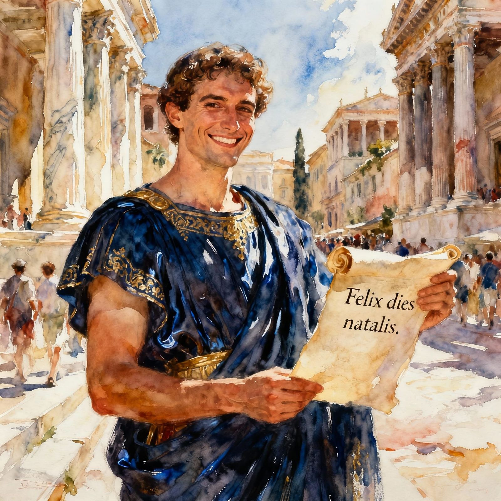 Ancient Roman Man in Watercolor Style Celebrates Birthday