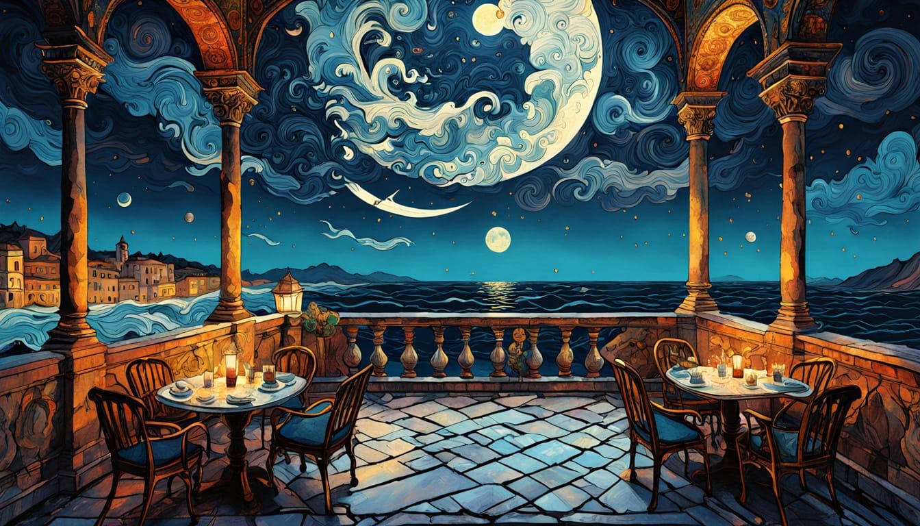 Midnight Cafe Balcony Overlooking Astral Sea