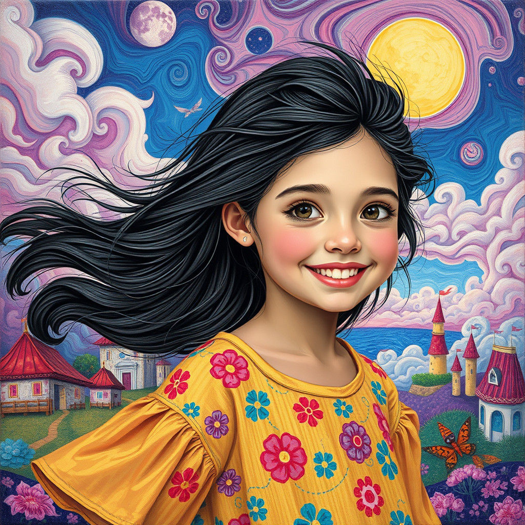 Girl in Dreamlike Candyland Twilight, Gouache Style