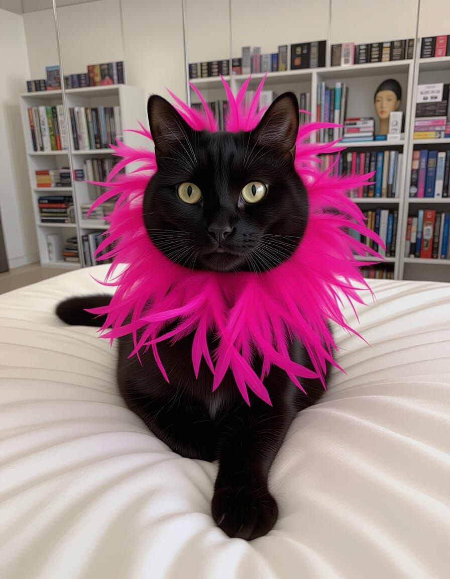Black Cat with Pink Feathers