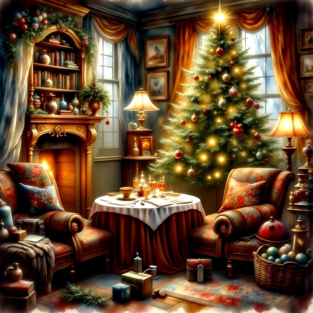 Christmas Holiday Traditions in Antique Watercolor Style