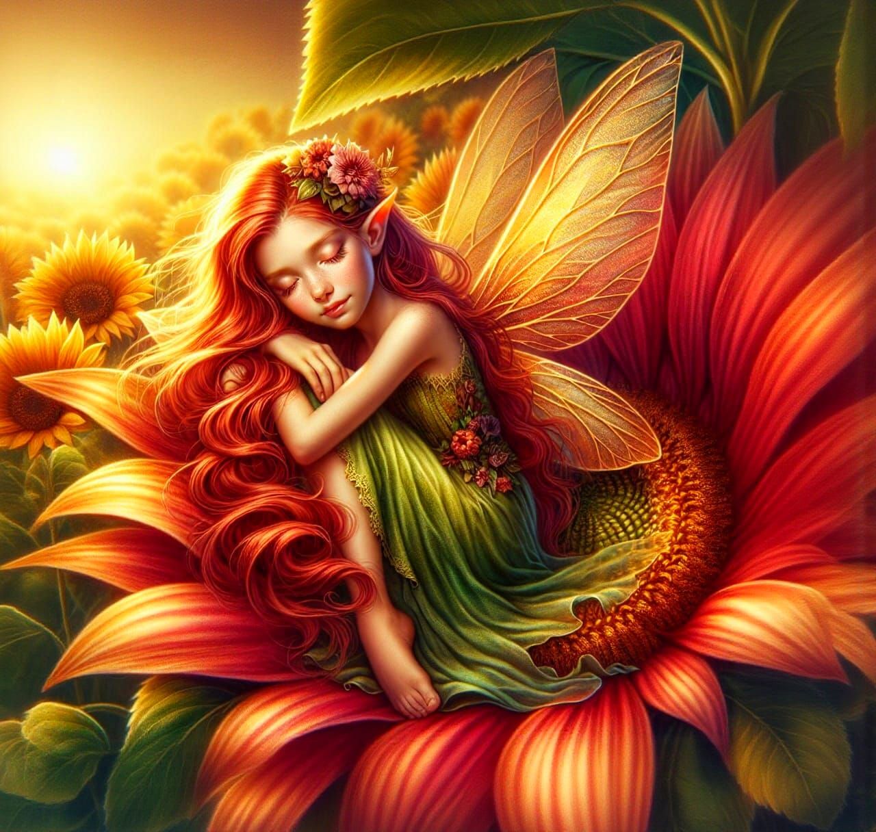 Fairy Sleeping on Sunflower: Enchanting Scene