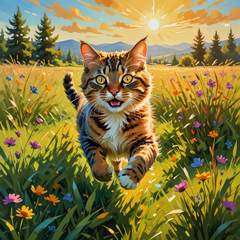 Playful Cat in Meadow Impressionistic Oil Painting
