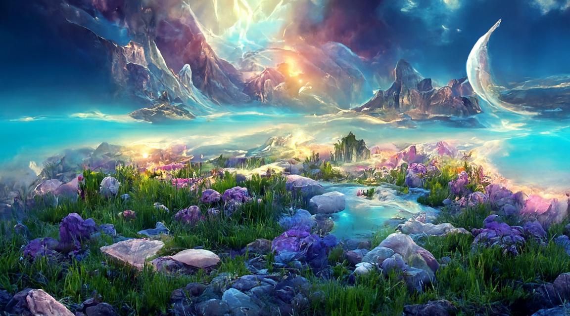Iridescent Fantasy Landscape with Sparkling Sun and Moon