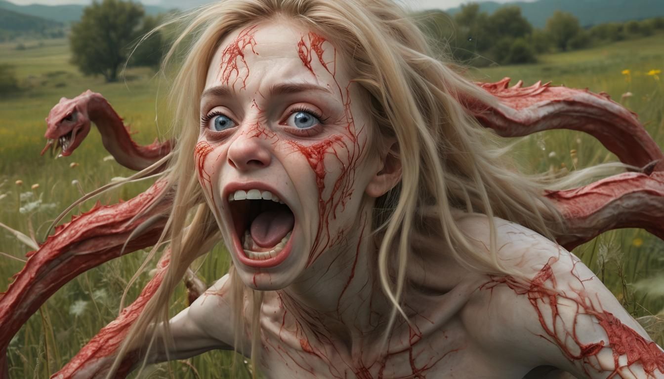 Surreal Monstrous Woman Crying in a Meadow