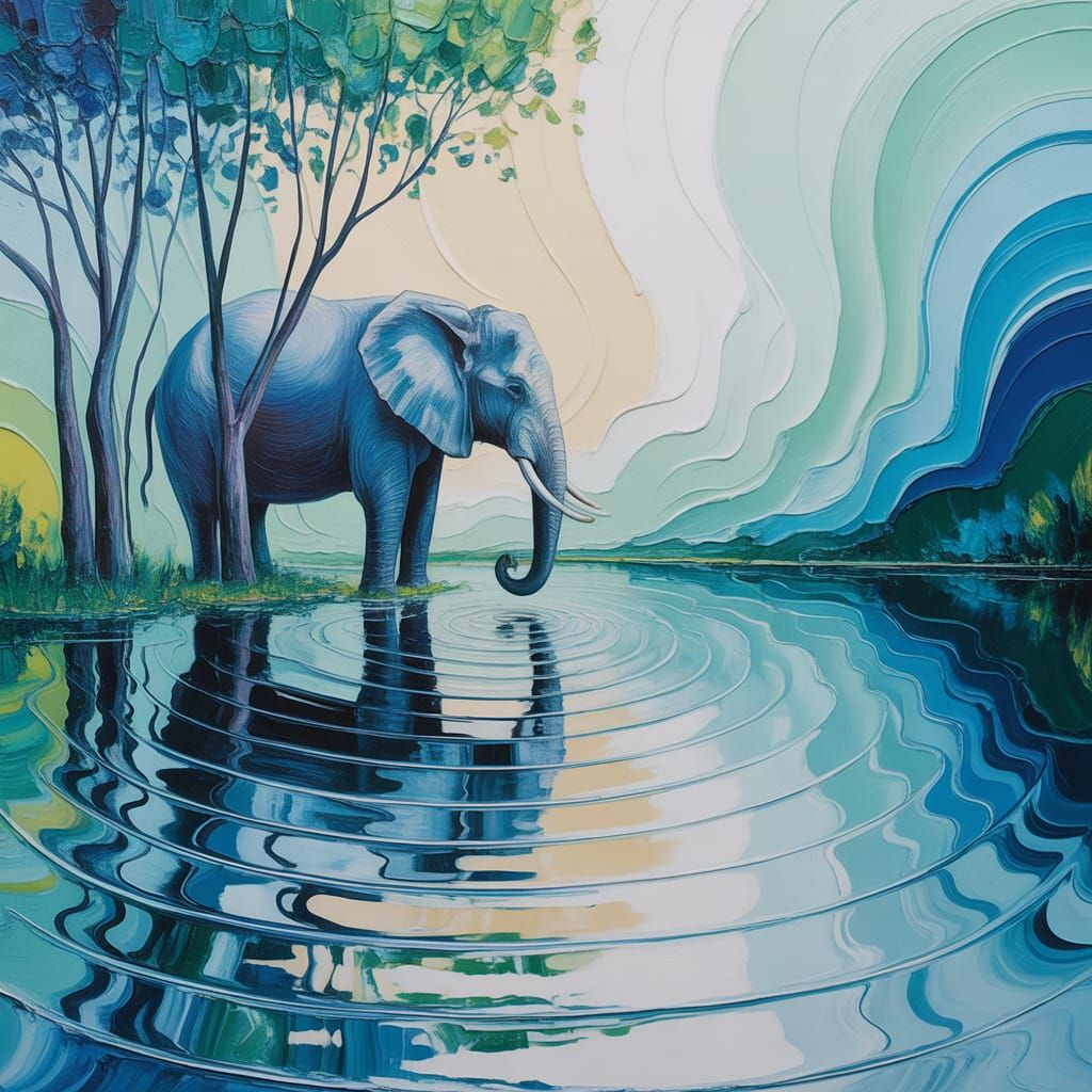 Richly textured somewhat impasto oil painting of an elephant...
