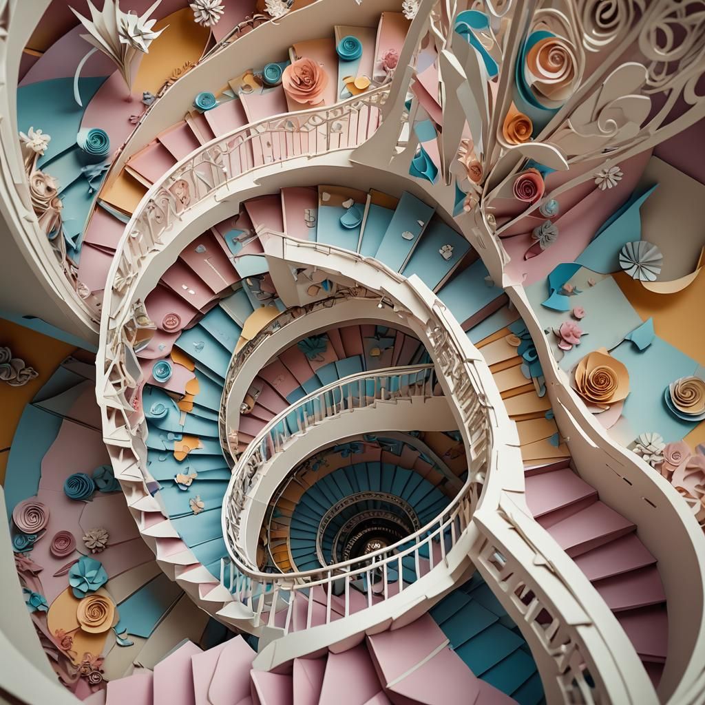 Surreal Staircase Crafted from Paper in Digital Art