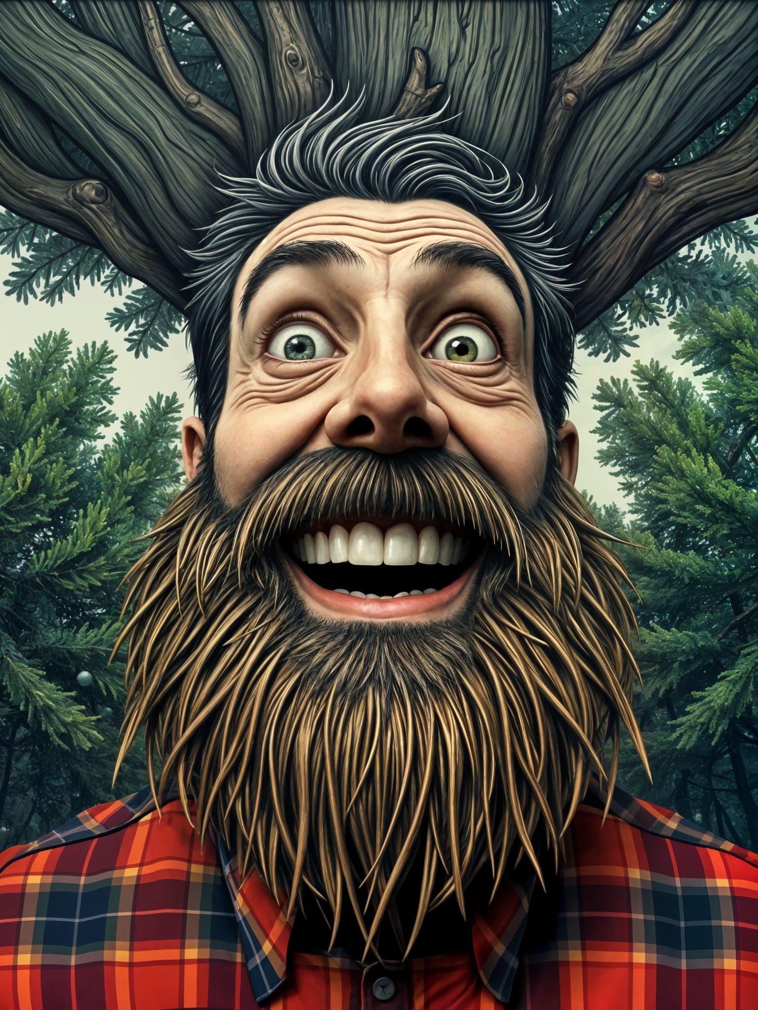 Man with Twig Beard and Upside Down Forest