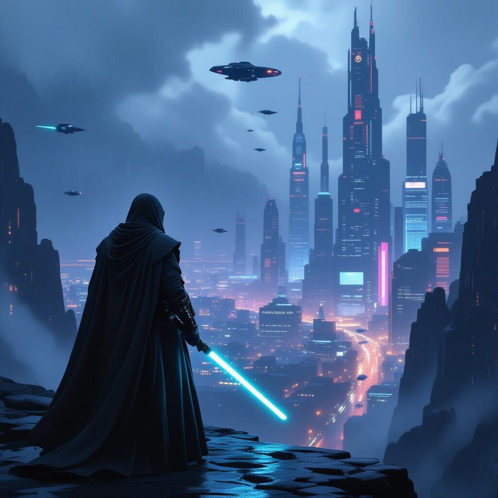 Cyberpunk Jedi Knight Contemplates Cityscape