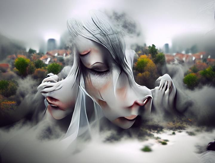 Mournful Souls in White Fog, Matte Painting