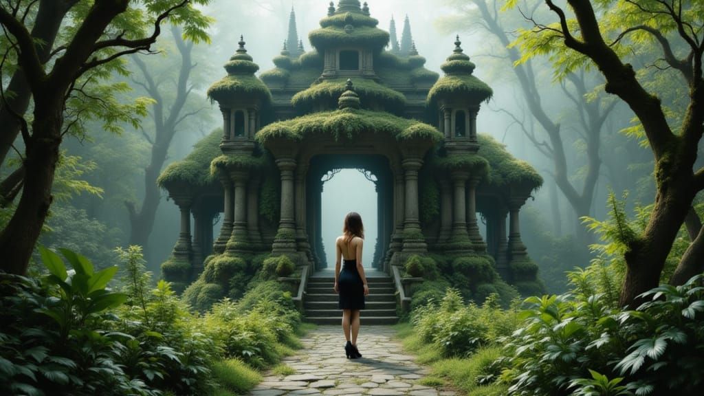 Woman Poses by Ancient Temple in Enchanted Forest