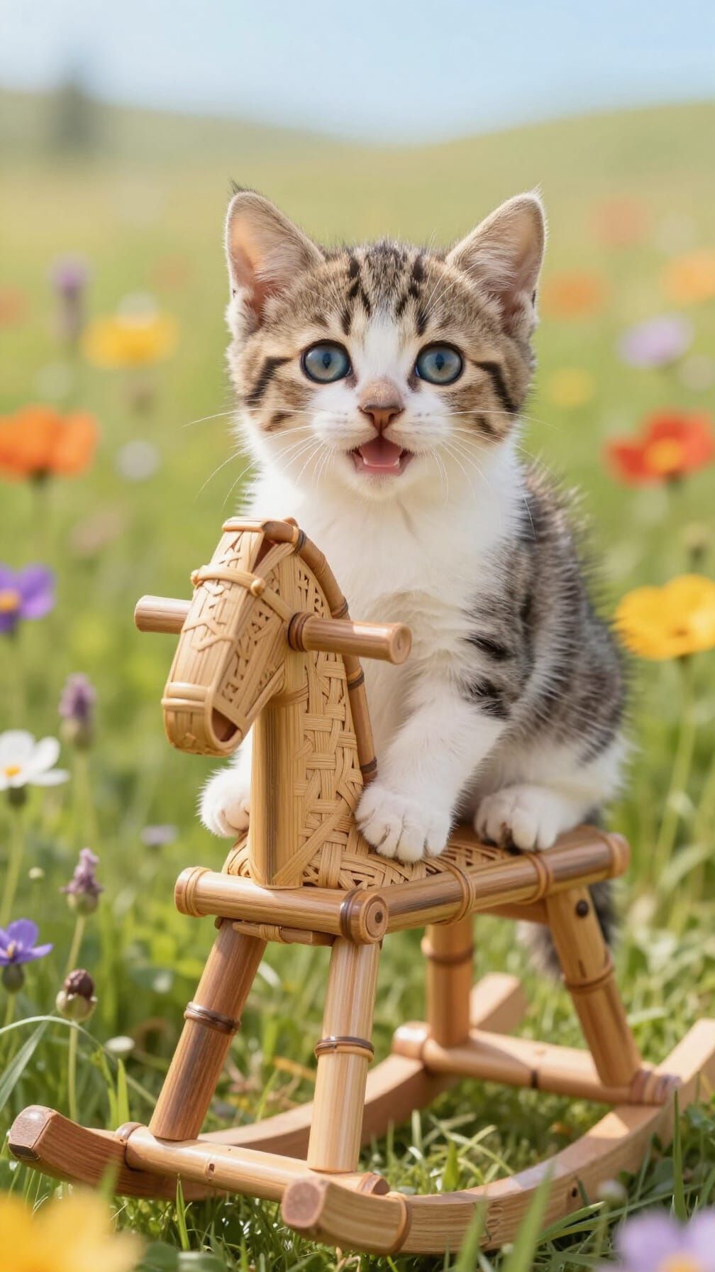 Playful Kitten on Bamboo Rocking Horse in Wildflower Meadow
