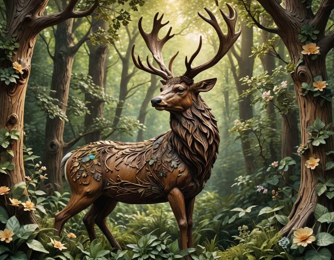 Majestic Stag Wood Carving in Lush Forest