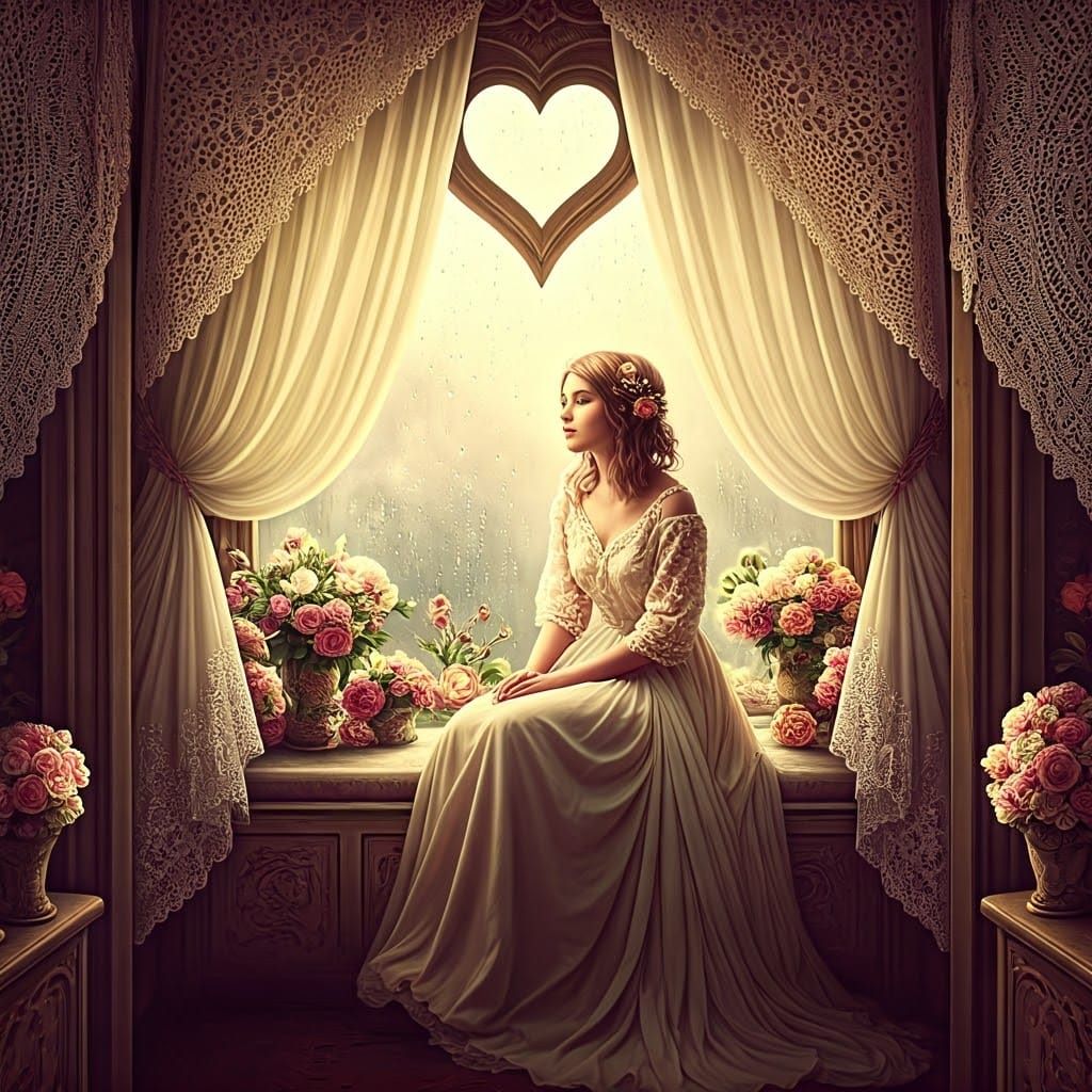 Surreal Woman in Vintage Window, Romanticized Femininity