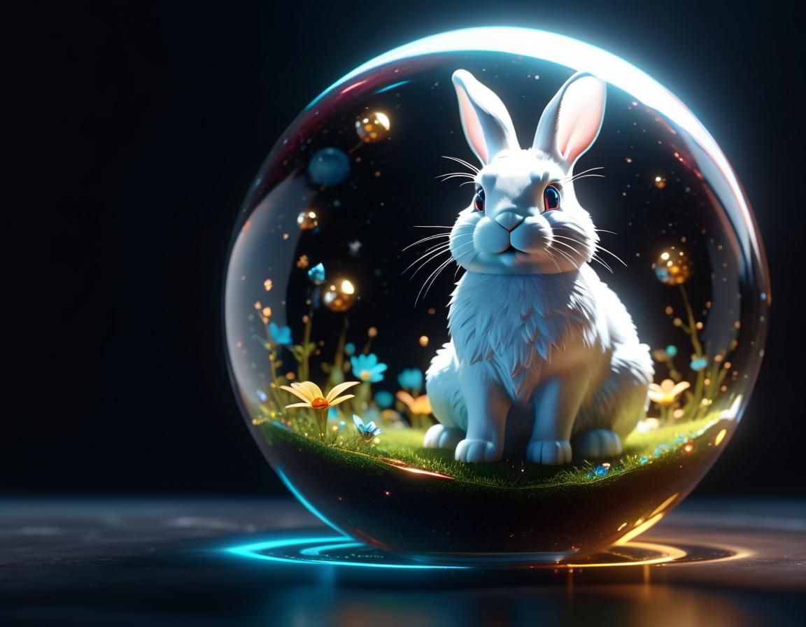 Glass Bunny Reflecting Infinite Cosmos, 3D Render