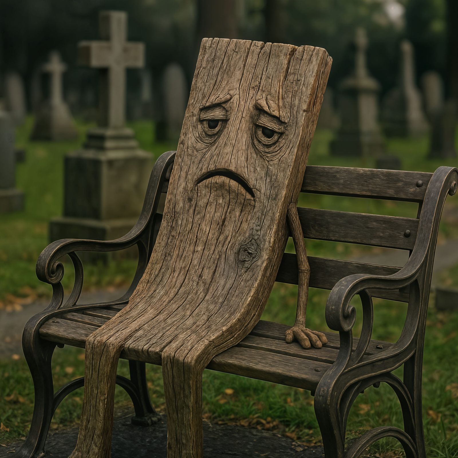 Bored Wooden Plank Slouching in Cemetery: CGI Render
