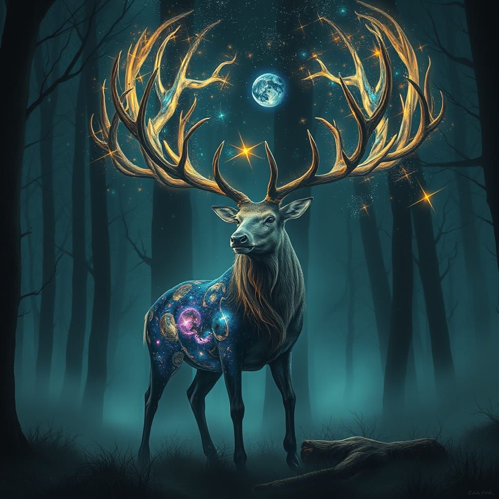 Bioluminescent Stag with Galaxy Antlers in Dark Forest