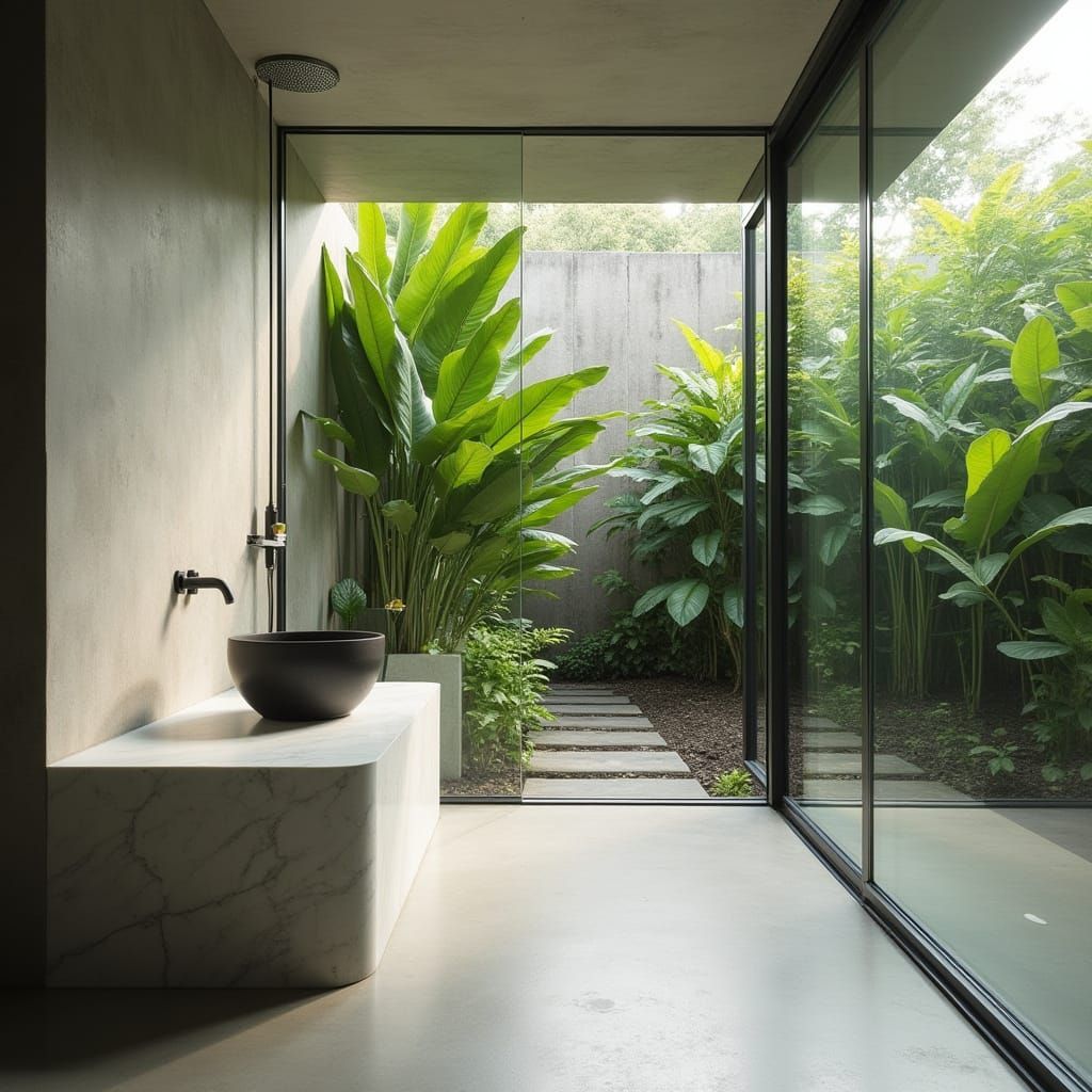 Modern Minimalist Bathroom with Lush Garden View
