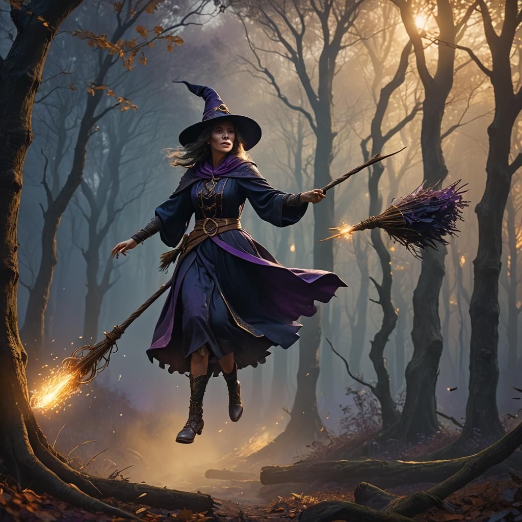 Mystical Witch Flying Through Enchanted Forest