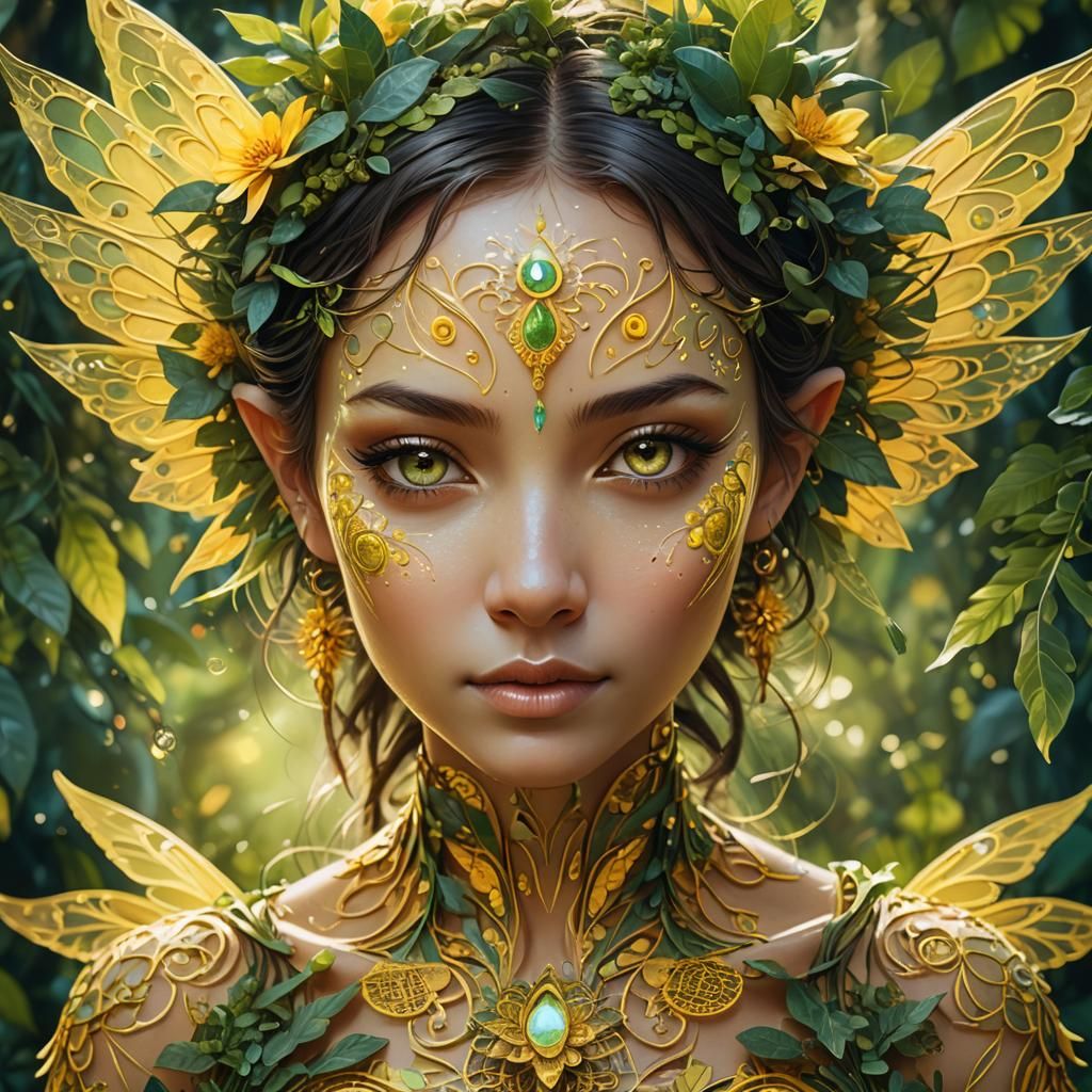 Yellow Fairy Portrait with Mandala Markings in Digital Art
