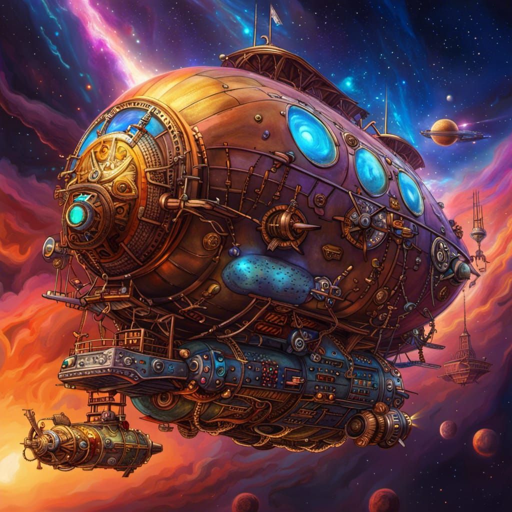 Steampunk Space Dwarf Airship in Cosmic Nebula