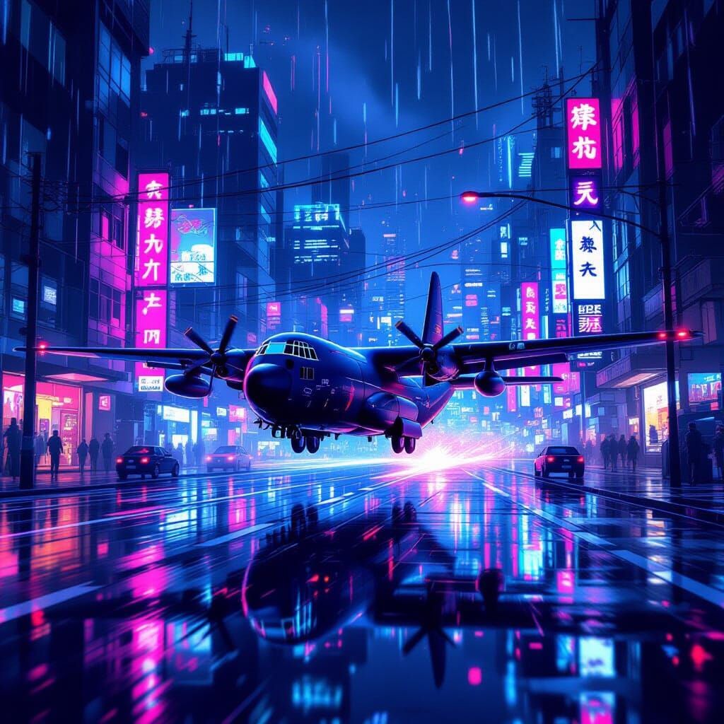 Cyberpunk C-130 Plane in Neon Cityscape