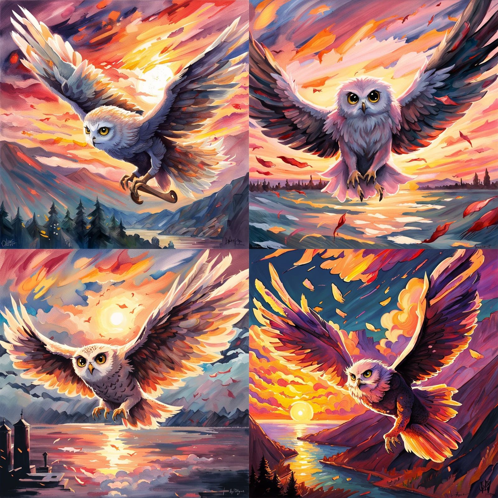 Hedwig's Sunset Flight: Anime Gouache Masterpiece