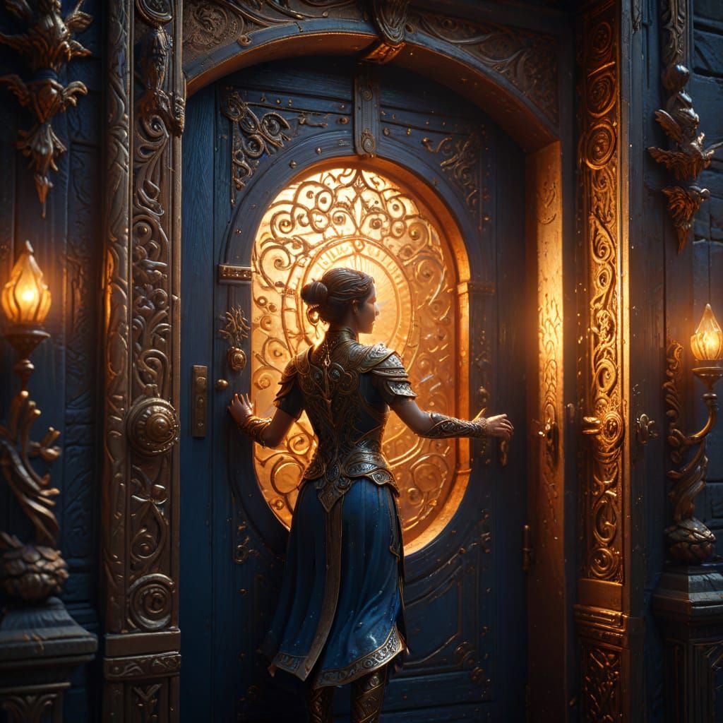 Figure Knocks on Ornate Door: Fantasy Art