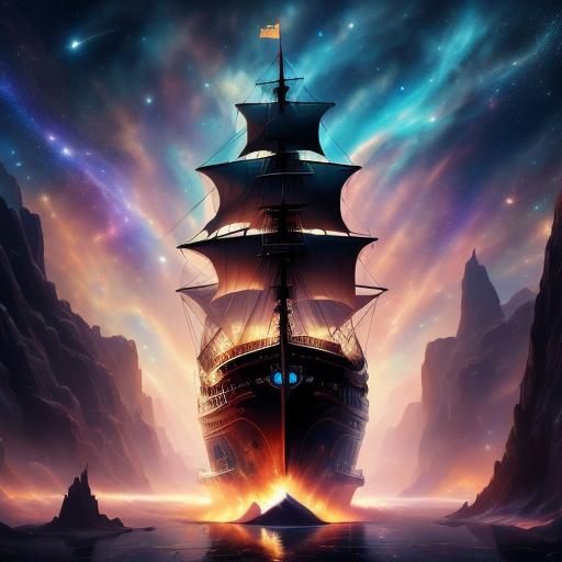 Steam Ship with Sail in Space: Detailed Matte Painting