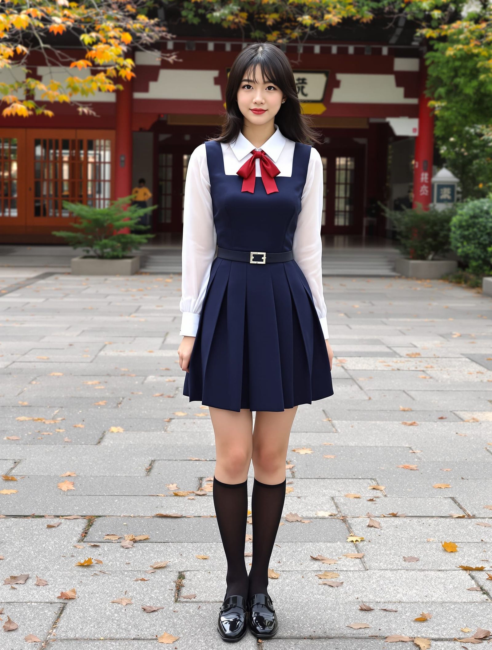 Japanese Schoolgirl at Autumn Shrine with Scattering Maple L...